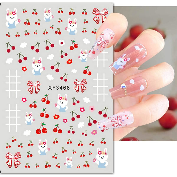 IC 6 ark Kirsebær Nail Art Klistremerker Dekaler Frukt Design Klistremerker Selvklebende Dekaler Kirsebær Rad Tie Negle Dekaler for Jenter Designer