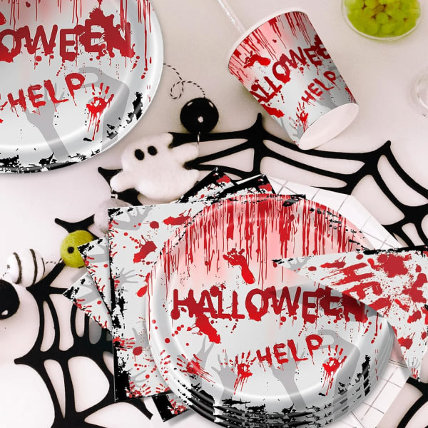 IC Halloween-festtallrik och set 96 delar Bloody-tema porslin Halloween blodiga papperstallrikar för halloween-festbordsdekorationer, 24 gäster