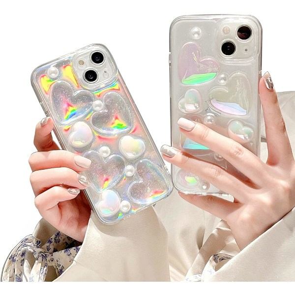 IC Hjärta telefonfodral, Söt Laser Love Hearts Form iPhone 14 Pro Fodral, Regnbågsfärg 3D Hjärta Glitter Transparent fodral med Radiumplåt