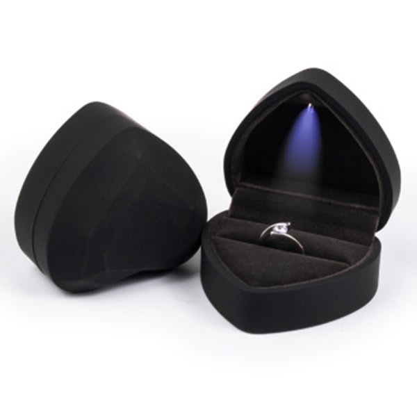 IC LED Ring Box Hjärtformad sammetholder Box med lys for forlovning-svart