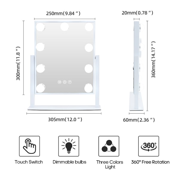 FENCHILIN Hollywood sminkspeil med lamper 360° dreibar bordplate 25 x 30 cm hvit 25 x 30cm