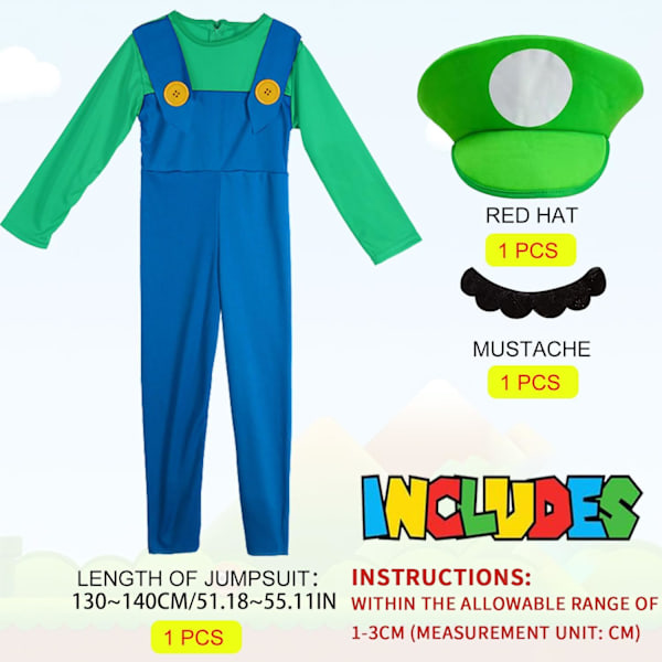 Luigi-dräktset, Luigi-dräkt, Bros, Maskeraddräkt, Kvinnor, Män, Outfit för jul, karneval, maskerad Children boys green L