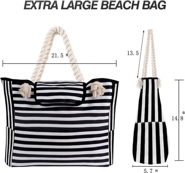 Water-resistant beach bag with large capacity - black and white stripes 55*38*15cm - with two side pockets - beach bag