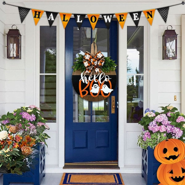 IC Halloween-ovikrans, söt halloween-spökdekor Välkommen träkransar för ytterdörren Farmhouse veranda (Halloween Ghost)
