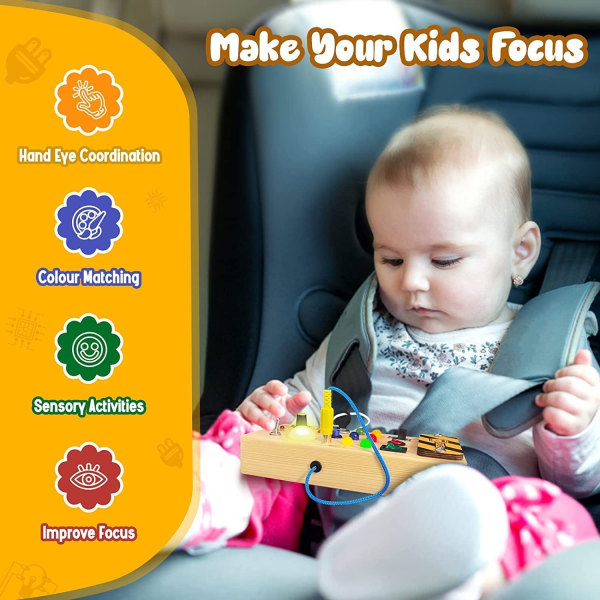 Træ Busy Board til småbørn Montessori Busy Board LED-lysbrytere Sensorisk tavle Pædagogisk læringslegetøj Baby og toddler fra 3 år A