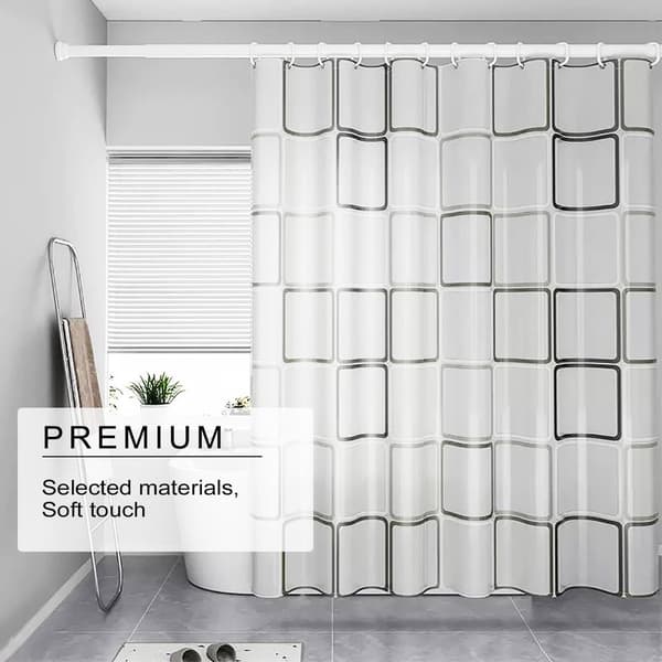 Extra långt vattentätt PEVA duschdraperi, antibakteriellt mögelresistent med krokar, rutmönster för badrum badkar, 200x220cm