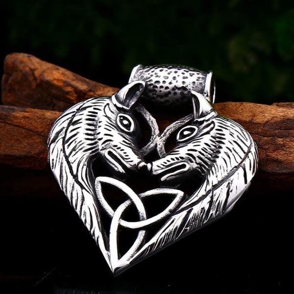 IC Män Halsband Dam Halsband Uniquent 316L Rostfritt Stål Mytologi Tvillingvargar Sleipnir Knot Heart, Irish Fantasy Smycken 60Cm Wolf