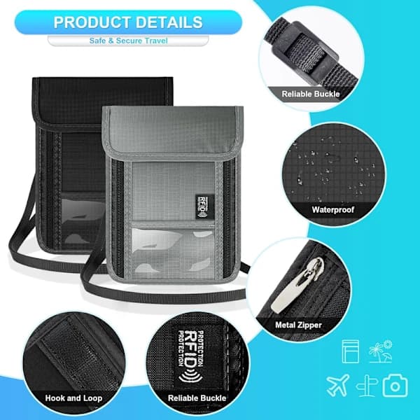 Neck Wallet RFID Protection Waterproof Travel Passport Holder Adjustable Strap