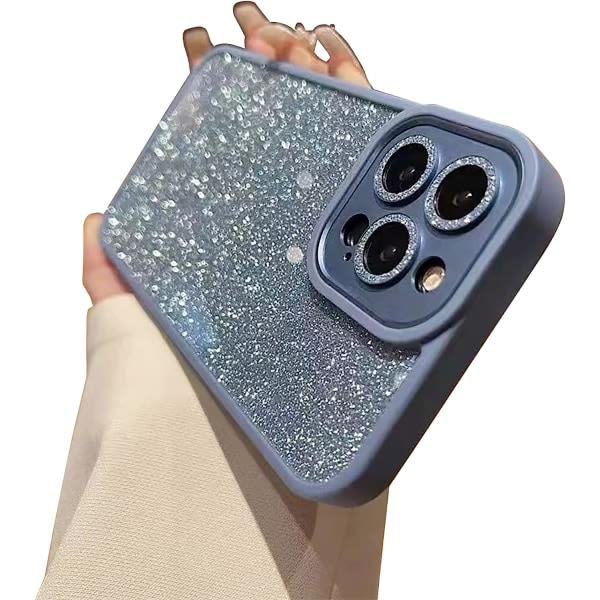 IC iPhone 13 Pro Max-etui med luksuriøs metall Bling-kameralinse Søt gnistrende diamant tynn klar bakside & matt støtfanger silikon støv-blå