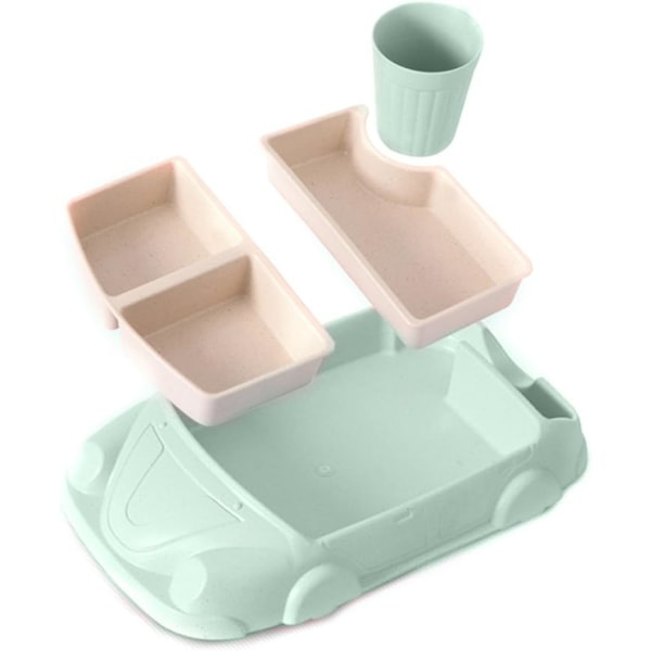 IC Barn Tallrik, halkfri bärbar barnservis, tecknad bilsugkopp baby för de flesta bord och barnstolar (grön)