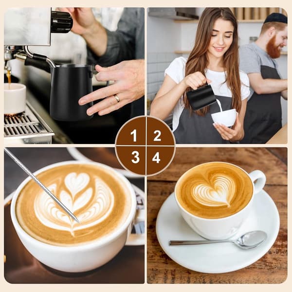 Mælkeskummerkande, 304 rustfrit stål med målemærker og Latte Art Pen, til Cappuccino og Latte Art, sort, 350 ml