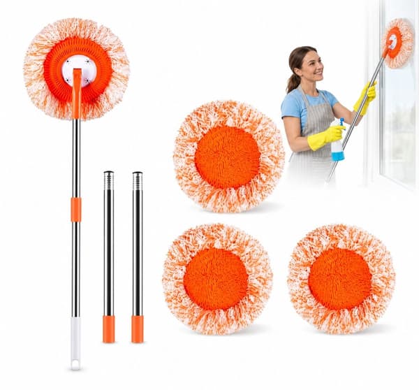 Mikrofibermoppsett med 360° roterende hode, justerbart håndtak, 3 gjenbrukbare puter for gulv og vinduer, 190 cm, oransje