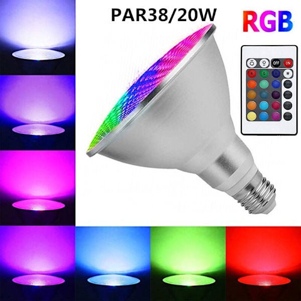 LED Färglampor 20W Vattentät RGB LED-lampa E27 Par38 med 24-knapps IR-fjärrkontroll (RGB & Kallvitt)