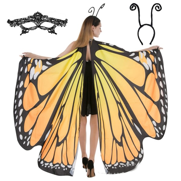 Butterfly Wing Cape Sjal med spetsmask og pannband gul
