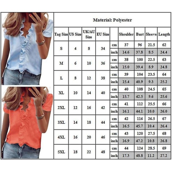 Kvinnor volang V-hals kortärmad blus Casual Holiday Summer T-paita Top Oranssi M IC