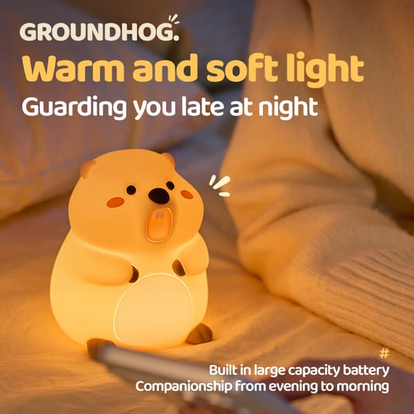 Sød murmeldyr-natlampe, blød silikone-touchlampe med 3 dæmpbare niveauer, 30-minutters timer, USB-genopladelig, BPA-fri til børneværelset