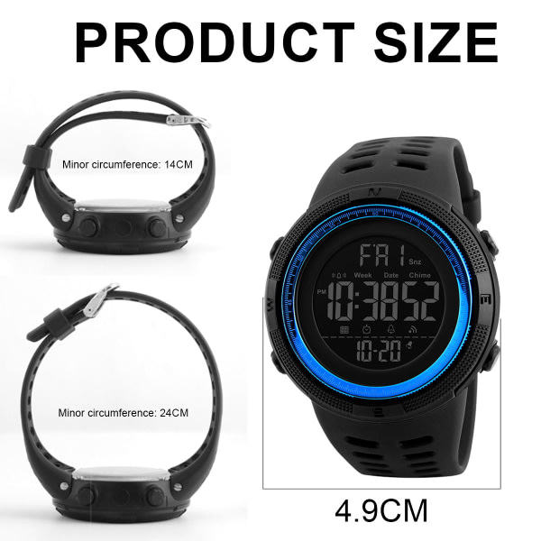 IG Mäns Big Face Digital Sports Watch Military Watch Running Black and blue