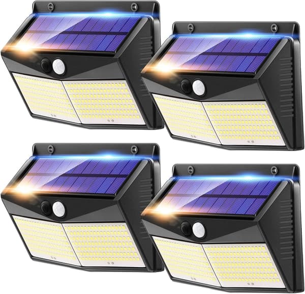 【248 LED/2000LM】4-pack solcellslampor för trädgården, superljusstarka 3-sidiga solcellsdrivna LED-strålkastare för utomhusbruk.