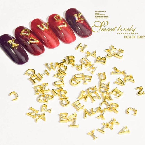 26 stk/sett A-Ö 26 engelske bokstaver Strass 3D Nail Art Dekorasjoner Charms Legering DIY Smykker Manikyr Design Tilbehør