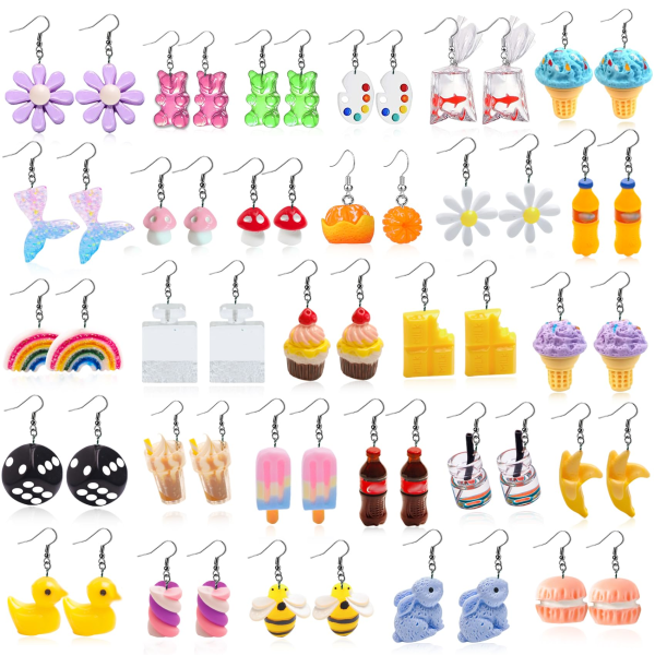 Merkelige Søte Øredobber Morsomme Kawaii Indie Funky Øredobber Inkludert Gummibjørn Vannflaske Mat Sopp Boba Te Øredobber Gullfisk Blomster Dang 28 Par