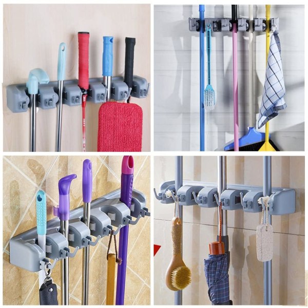 IC Kvastmopphållare Tidy Organizer, Väggmonterad Organizer med 5 positioner 6 krokar för borstmopp och borstverktygsförvaring