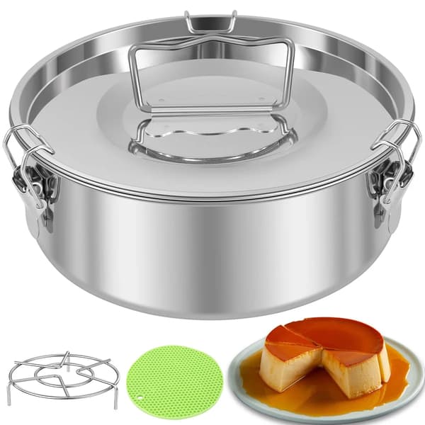 Flanform i rustfrit stål med låg, dampstativ og isolerende måtte til 1,5 Qt Instant Pot Cheesecake Pudding Maker, sølv