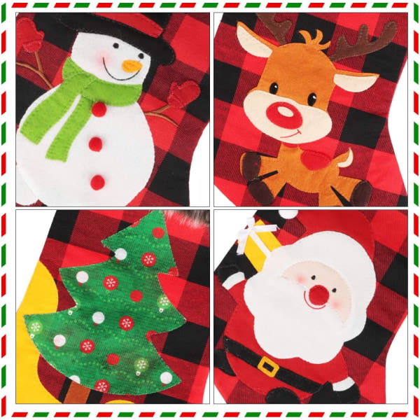 IC Julstrumpor 4-pack, 18" rutiga julstrumpor, säckplätstil med jultomtensnögubbsrenar og julgran