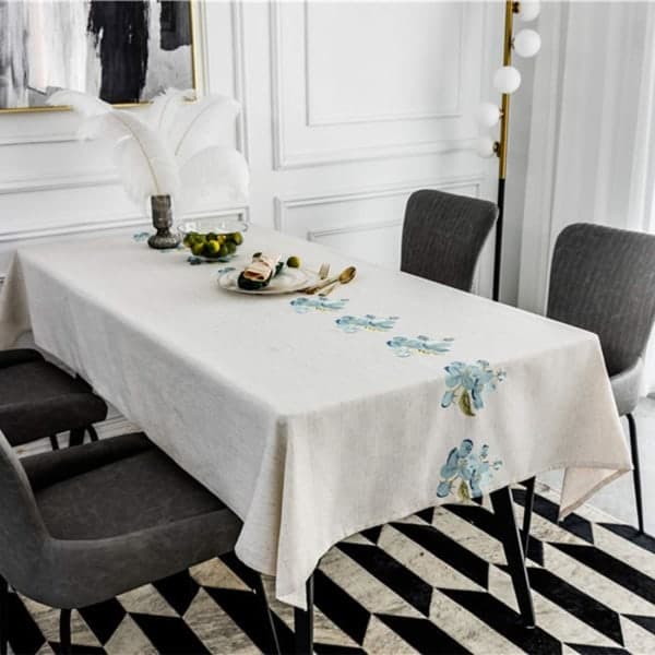 IC Broderad blommig bordsduk rektangulär duköverdrag för kök, fest, semester, jul, buffé (blå, 53\"x39\")