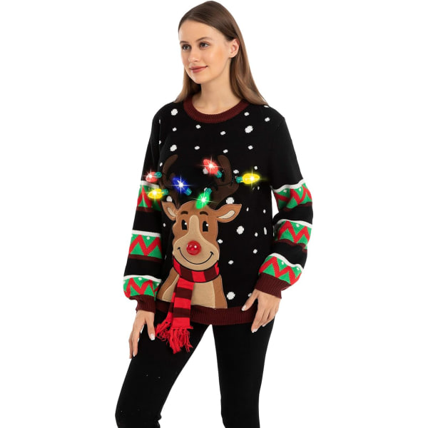 Dam LED Light Up Ren Ugly Christmas Sweater Inbyggda glödlampor Musta XL