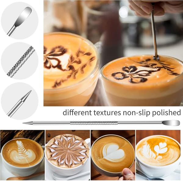Mælkekande i 304 rustfrit stål 600 ml - 16 kaffedekorationsskabeloner + Latte Art Pen