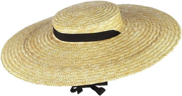 Dame stråbåthatt bred brem flat topp med hakestropp for solbeskyttelse på stranden beige 12 cm brem