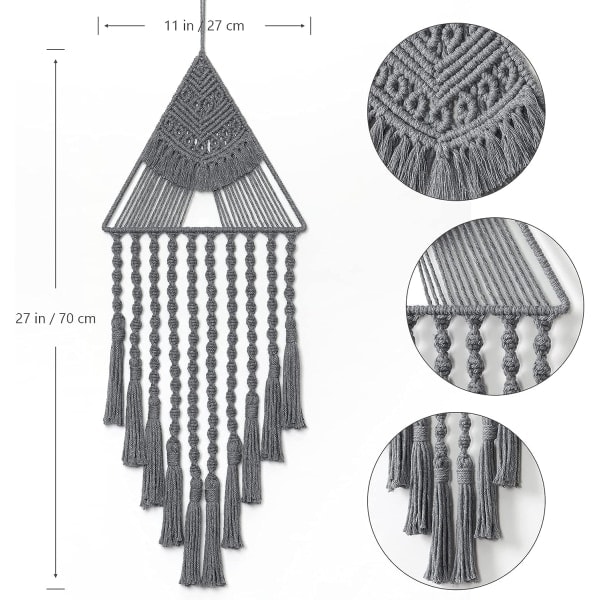 IC Makramé Vævet Væghængende Drømmfangere Trekant Tassel Geometrisk Kunst Boho Baggrund Boheme Hjemindretning Vægkunsthåndværk Smuk Lejlighed (Grå)
