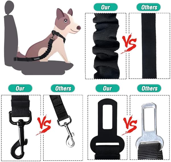 2 stk. hundeseler til bilen - Elastisk og stødabsorberende - Justerbar - Sikkerhed for din hund - Sort nylon