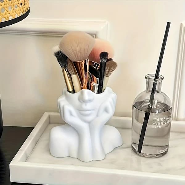 1 x Elegant White Ceramic Textile (Vinyl) Makeup Brush Holder - Face Styling Dressing Table Storage Box 1pc 1个