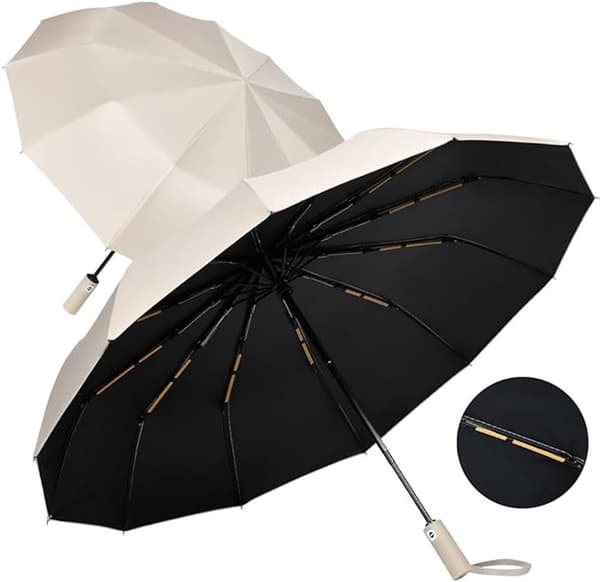 Automatisk hopfällbar reseparaply, 24-ribbad vindresistent, UPF 50+ UV-skydd, för män och kvinnor, beige