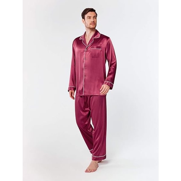 Pyjamasset for män i sidensatin, ångärmad PJ set med knappar og sovkäder i fickor vinrød l