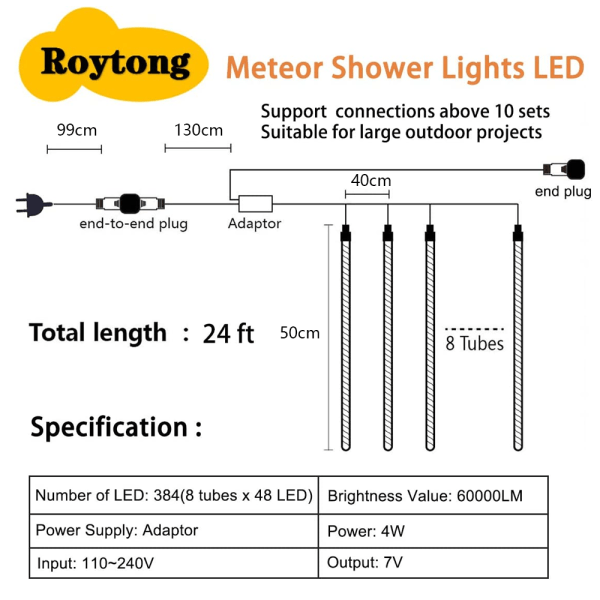 IC LED meteorbrusregn lys 50cm 8 rør 384LED til juletræ Warm White
