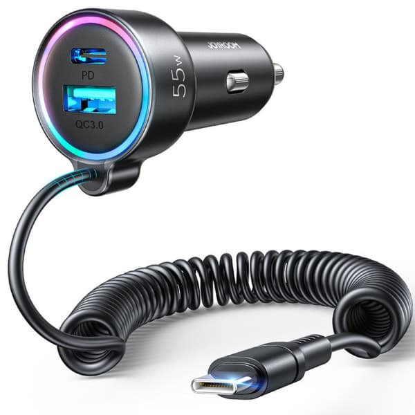 3 i 1 hurtig biloplader med USB Type-C-kabel 1,5 m 55 W Sort