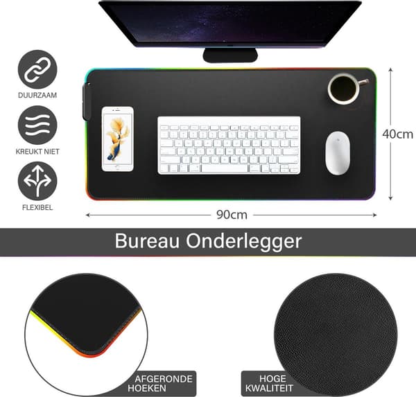 RGB Gaming Skrivebordsmåtte - XXL Gaming Musemåtte - LED Belysning - Anti-Skrid - 80x30