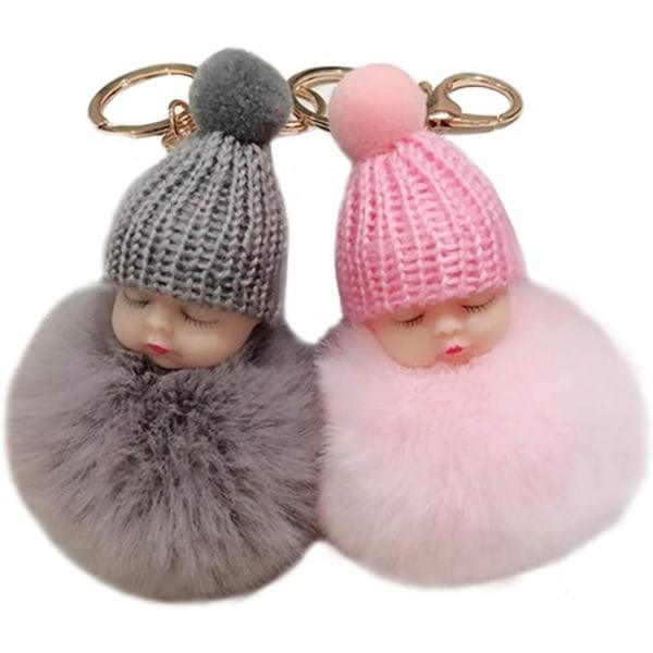 2 nyckelringar, söta sovande baby fluffiga pälsbollar IC