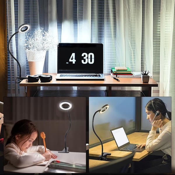 LED-bordlampe med klemme og fleksibel svanehals, 3 lystilstande 10 lysstyrkeniveauer, USB-læselampe til sengegavl kontorstudie, sort