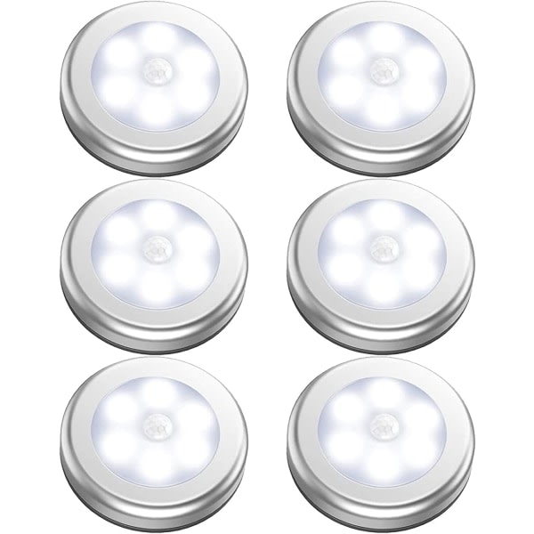 6 st batteridriven rörelsesensorlampa inomhus, LED-garderobsbelysning, batteri nattlampa trådlöst, stick-on vegglampor for skafferi, skåp, garderob,
