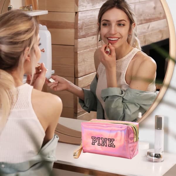 IC Makeuptasker med lynlås Rejsekosmetiktasker Iriserende makeup pink