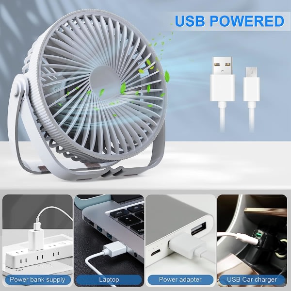 IC USB-ventilator, 3-hastigheds skrivebordsventilator, 360° justerbar støjsvag ventilator, bærbar ventilator til kontor, soveværelse, bil, rejser Hvid