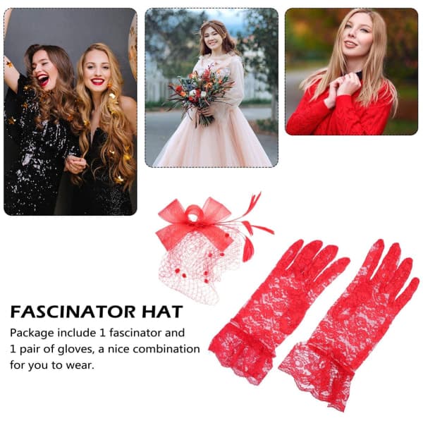 IC Hatt Tehandskar Mesh Kort Party Rosett Fjäder Spets Cocktail