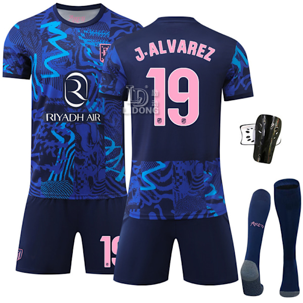 Atletico Madrid 2 udebane trøje nr. 19 Alvarez 7 Griezmann fodbolduniform ny blå sportsjersey No. 19 with socks + protective gear #S