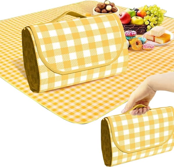 Picnic Tæppe, Foldbart Non-Woven Måtte Med Bærehåndtag, Til Strand, Camping, Rejser Og Parker, Gul, 150 x 200 cm