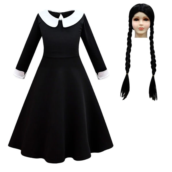 IC Adams Family Girl's Wednesday Cosplay rollspelskostym klänning peruk kjole parykk 140cm