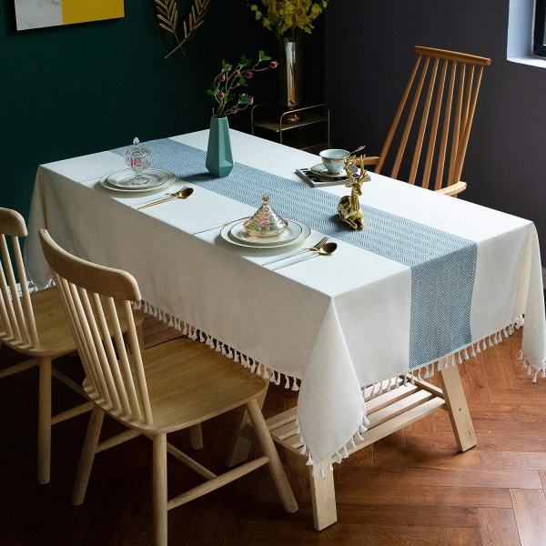 IC Bordduk Cover, bomullslin tyg små rektangulære duker for 4 til 6 personer, beige, blå kant, 55x70 tommer