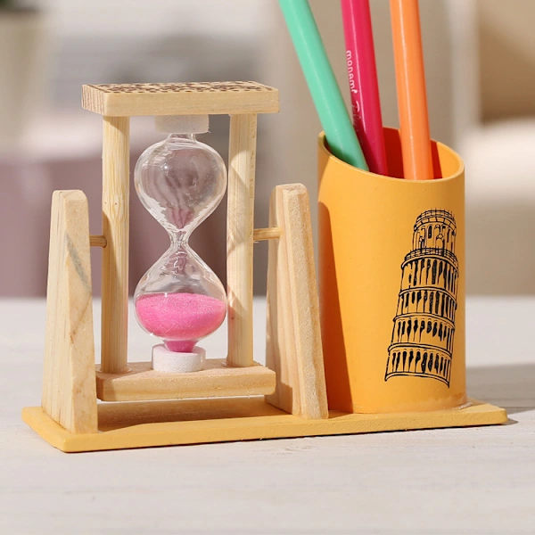 Timglas Student Creative Desktop Ornament with Pen Holder Stationery Pen Insertion Gift Brushing Tea Random color pattern Double Bubble